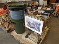 (4) Garbage Containers, Wine Making Supplies, TV Trays, (2) Pails of Misc Items