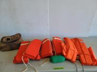 Vintage Wicker Fishing Creel and Life Jackets