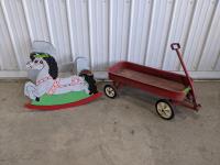 Antique Red Wagon and Vintage Wooden Kids Rocker 