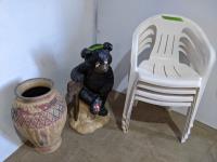 (4) Plastic Chairs, Bear Statue and Large Vase