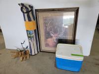 Framed Deer Picture, Cooler and Folding Camping Chair 