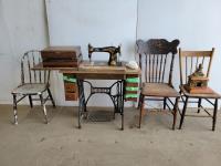 Antique Singer Sewing Machine, (3) Antique Chairs, (2) Vintage Flatware Boxes and Lamp
