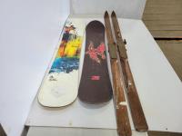 (2) Snowboards and Antique Skis