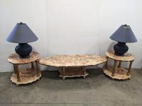 Resin Coffee Table and (2) End Tables with (2) Side Lamps 