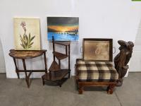 Hallway Table, Side Table, (2) Pictures, Foot Stool, Large Pan and Yard Statue 