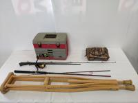 Qty Of Fishing Items and Vintage wooden Crutches 