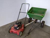 20 Inch Yard Machines 148 cc Push Mower and John Deere Towable Lawn Fertilizer 
