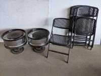 (2) Wheel End Tables with Glass Tops and (4) Folding Chairs
