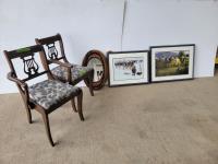 (2) Chairs, (2) Cow Framed Pictures and Vintage Oval Mirror