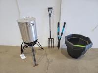 Propane Deep Fryer, Hedge Clippers, Small Pitch Fork and (3) Large Plant Pots