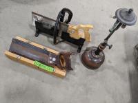 Antique Oil Lamp and Hand Saws with Mitre Boxes