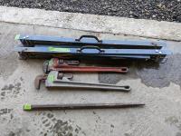 (2) Folding Saw Horses, (2) 24 Inch Pipe Wrenches and Proto Pry Bar