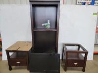 (2) Solid Wood End Tables, Wood Shelf and 34 Inch TV 