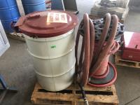 45 Gallon Bin with Hinged Lid, Spool of 1 Inch Rubber Hose and 2 Inch Rubber Hose with Pump Connection