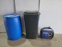 Yamaha EF200is Inverter Generator (inoperable), Rubbermaid 50 Gal Garbage Can and Poly Barrel