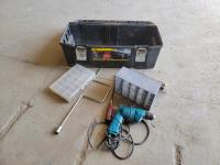 Stanley Tool Box, Drill, Timing Light and Small Storage Containers 