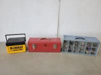 Tool Box with Misc Hand Tools, Parts Bin with Misc Parts and Dewalt Cooler