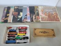 Qty of Collectable Metal Trains, (10) Country Records and Costume Jewelry