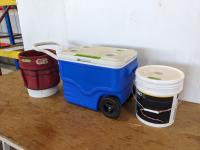 Pail of Poly String, Coleman Cooler and Tool Caddy Pail