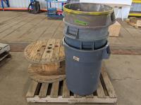 (2) Wooden Spools, (4) Poly Garbage Cans, Box of Coax Cable