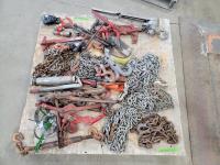 Qty of Chains and Hooks, Assorted Boomers, Clamps, Chain Hoist and Grease Gun 