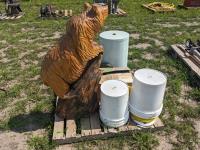 Wooden Bear Carving, Water Heater & Misc Pails