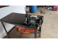 Brico 8 Inch Bench Grinder On Work Bench, (1) Axe, (2) Sledge Hammers