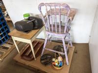 Childs High Chair, Vintage Scissors, (2) Car Head Rests, Small Table