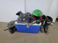 Cooler, (2) ATV Helmets, Chest Protector and Dirt Bike Boots