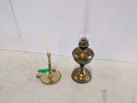 Ships Weighted Brass Candle Holder and Brass Coal Oil Lamp
