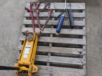 2-1/2 Ton Hydraulic Floor Jack, (3) Chain Boomers and (2) Grease Guns 