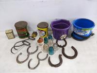 Qty of Antiques, Horse Shoes and Buckets