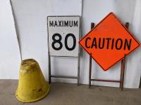 (2) Poly Pipe Stands and (2) Construction Signs