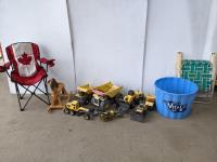 (3) Folding Lawn Chairs, (7) Toy Trucks and Rocking Horse