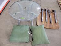 Glass Top Patio Table, Patio Chair Cushion and Wood Table 