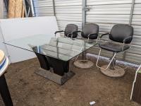 Glass Table, (3) Barber Style Chairs, Two Drawer Cabinet