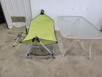 Patio Table, Home Zone Hammock and Folding Chair