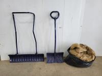 36 Inch Snow Pusher, 18 Inch Snow Shovel and Qty of Burlap 