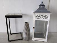 Tiled Top Side Table, Decorative Vase, 3 Ft Lantern 