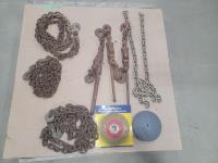 Various Chains, Hooks, Boomers, Grinding Wheel and 8 Inch Heavy Duty Wire Wheel