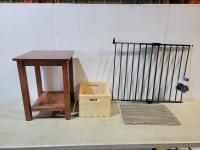 Wood End Table, Baby Gate, Small Wooden Crate and Wire Cooling Rack