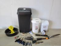 Qty of Hand Tools, Fiskars Telescopic Shears and (3) Garbage Cans