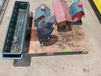 (3) Bird Feeders, (1) Owl Decoy and (3) Planter Boxes