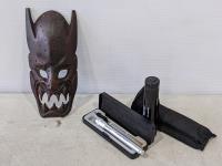 Wooden Mask and (2) Flashlights