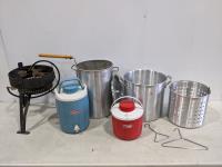 (2) Coleman Coolers, Gas Burners with Stock Pot and Turkey Fryer