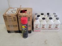 (12) Cans of Safety Red Spray Paint and (11) 500ml Bottles of Castrol Go! 2 Stroke Motor Oil