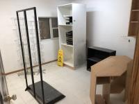 Corner Desk, Upper Cabinet, Metal Display Stands, Two Tier Shelf