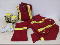 (2) Size 36T FR Red Coveralls with Reflective Striping and (6) Pairs of Stout Size Medium Gloves