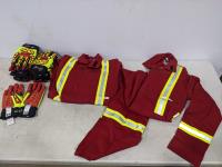 (2) Size 36T FR Red Coveralls with Reflective Striping and (8) Pairs of Hex Armor Size Medium Gloves