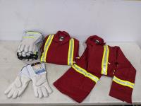 (2) Size 36T FR Red Coveralls with Reflective Striping and (6) Pairs of Gloves